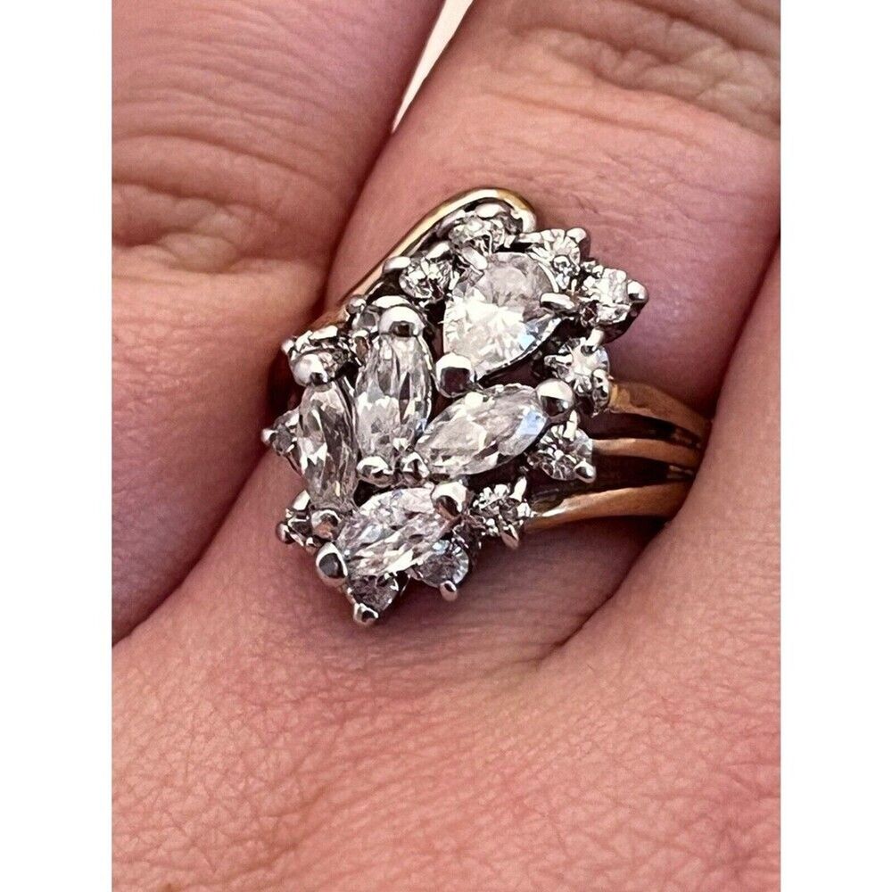 Vintage 1980s Ring Size 8 CZ Cluster Cocktail Gold Plated Band - 14H